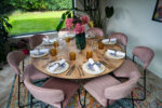 Oak Roud Table I Riedel Glassware I Saturn Yellow Glassware I Carmen Cutlery I Blue Floral Crockery I Teddy Chair Pink Velvet