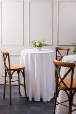High Bar Table with Loose Linen and Cross Back Walnut Stool