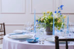 Riedel glassware with Blue Side Plates, Ice Blue Water Glasses and Silver Beaded Charger Plates