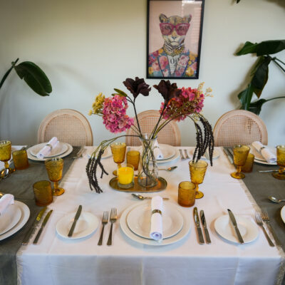 Carmen cutlery I Avant Garde Crockery I Camden Glassware I Rectangular Table I Louis Chairs I Yellow Saturn Range