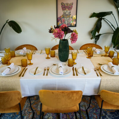 Gold cutlery I Teddy Chair Gold Velvet I Rectangular Table I Avant Garde Crockery I Yellow Saturn Range