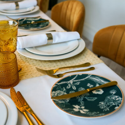 Gold cutlery I Teddy Chair Gold Velvet I Rectangular Table I Avant Garde Crockery I Yellow Saturn Range