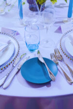 Oslo Cutlery with Blue Side Plate, Ice Blue Water Glass and Silver Beaded Charger Plate