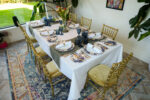 Blue Floral Crockery I Avant Garde Crockery I Carmen Cutlery I Blue Saturn Glassware I Crystal Whiskey Tumblers I Gold Chiavari Chairs I Rectangular Table