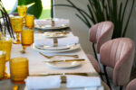Gold cutlery I Teddy Chair Pink Velvet I Rectangular Table I Avant Garde Crockery I Yellow Saturn Range