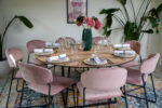 Blue Floral Crockery I Avant Garde Crockery I Carmen Cutlery I Riedel Glassware I Teddy Chair Pink Velvet I Oak Round Table