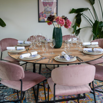 Blue Floral Crockery I Avant Garde Crockery I Carmen Cutlery I Riedel Glassware I Teddy Chair Pink Velvet I Oak Round Table