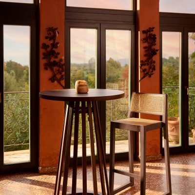Mundi walnut high table and stool in situ